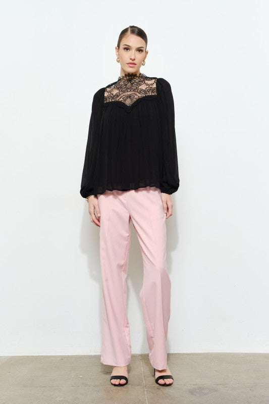 Elegant Lace Mock Neck Sheer Long Sleeve Blouse