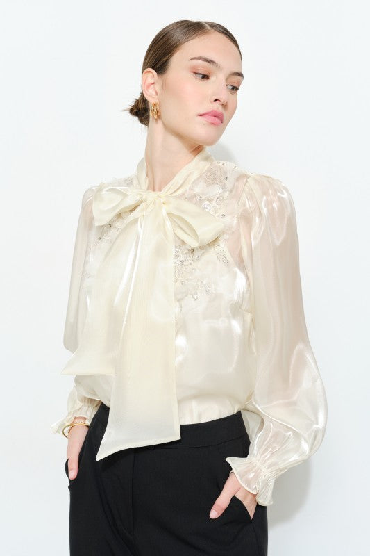 Luxe Shimmer Organza Bow Flower Blouse Top