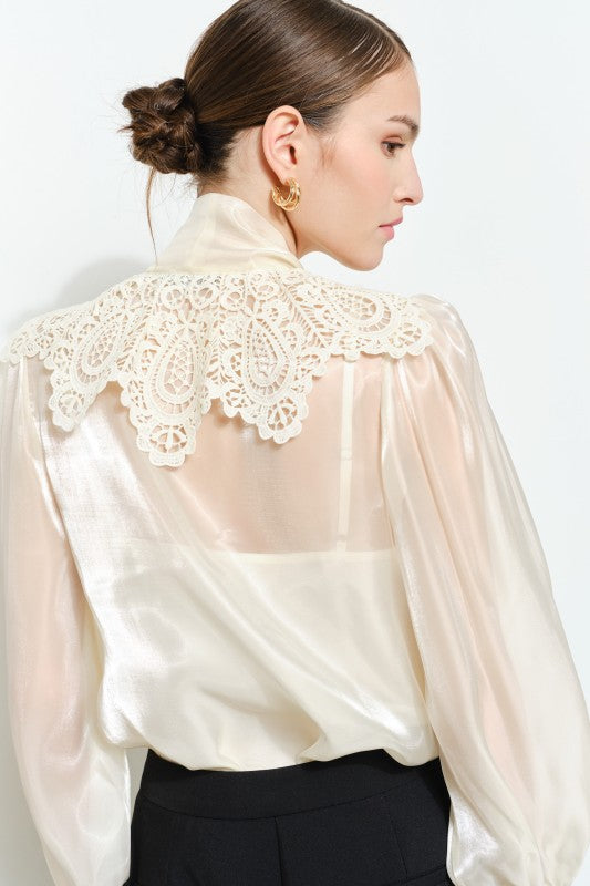 Luxe Shimmer Organza Bow Flower Blouse Top