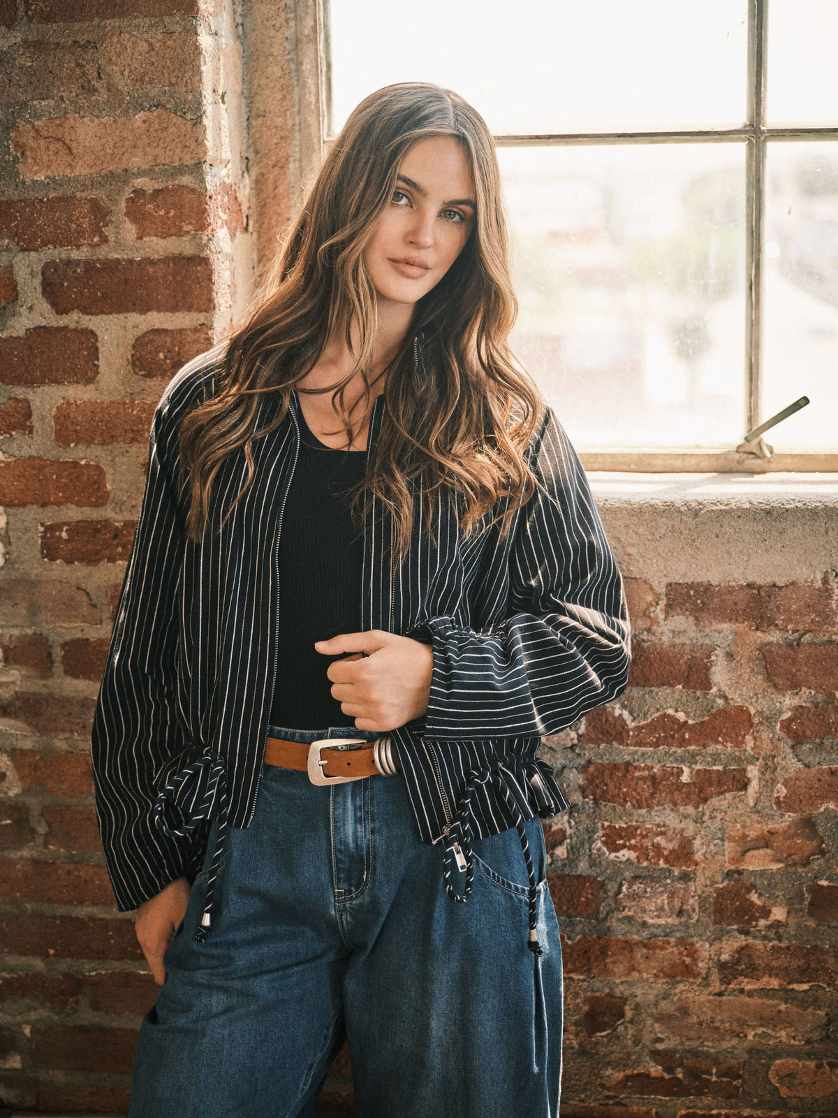 PINSTRIPE FUNNEL NECK BALLOON JACKET