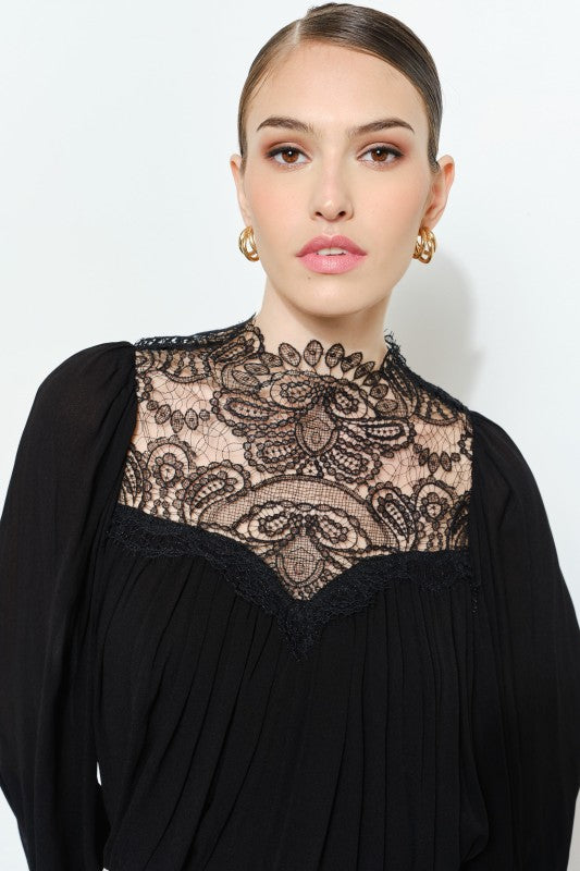Elegant Lace Mock Neck Sheer Long Sleeve Blouse