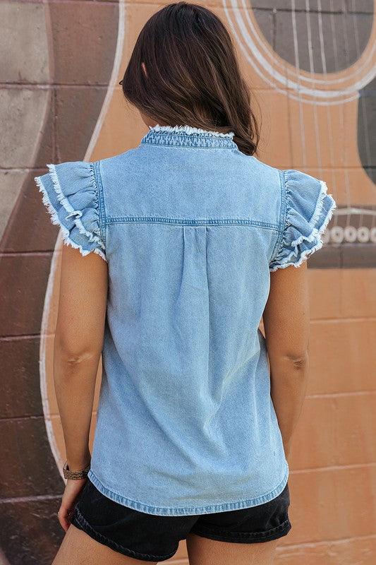 Ruffled Fayed Denim Top