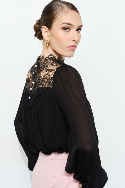 Elegant Lace Mock Neck Sheer Long Sleeve Blouse