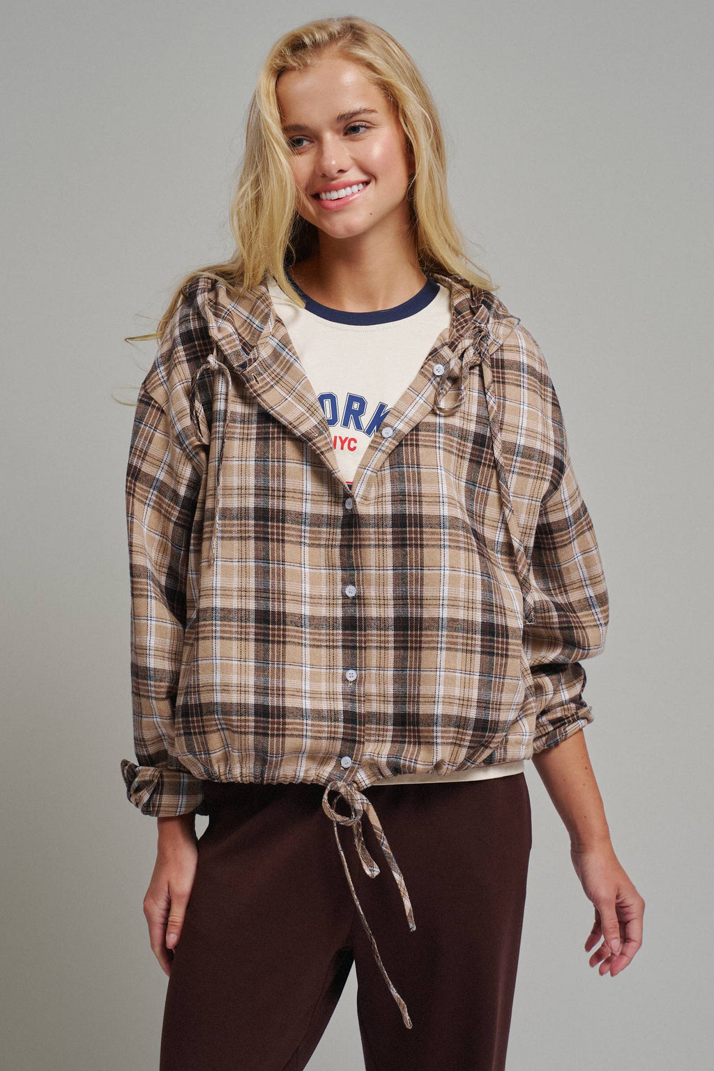 Plaid Flannel Hooded Shacket with Drawstring Hem