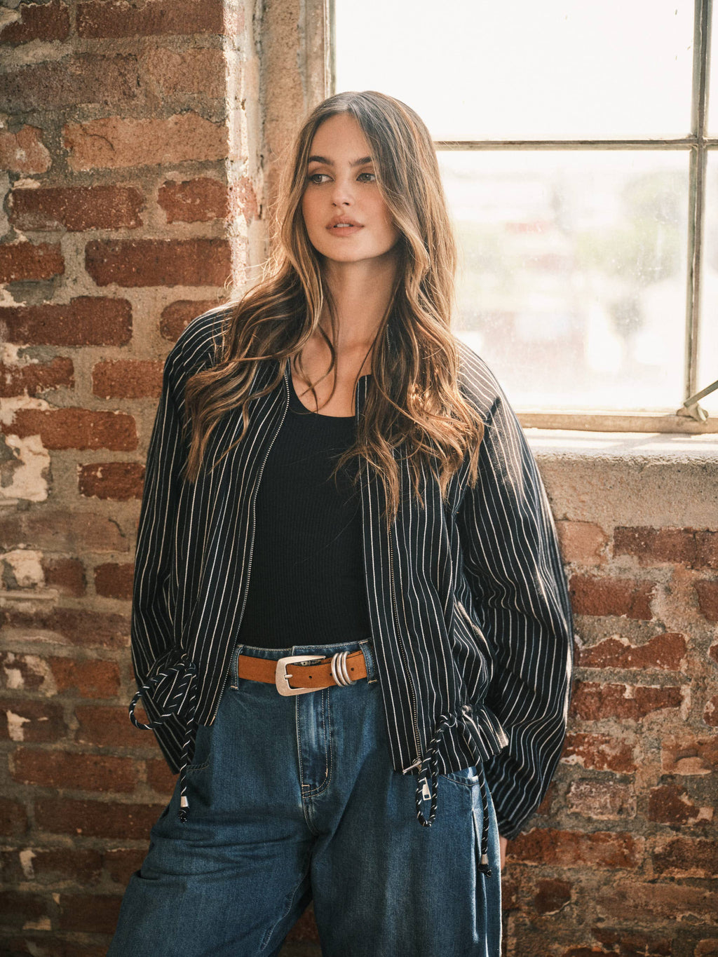 PINSTRIPE FUNNEL NECK BALLOON JACKET