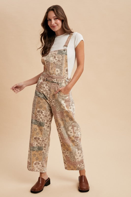 Vintage Boho Print Twill Denim Overall