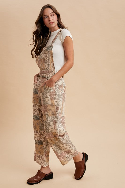 Vintage Boho Print Twill Denim Overall