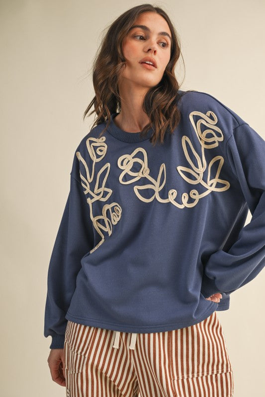 Floral Cord Embroidery French Terry Sweatshirt