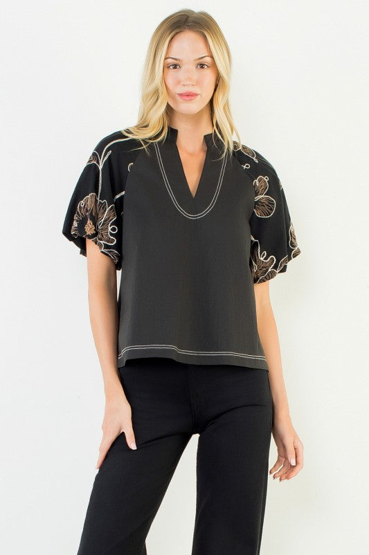 Puff Sleeve With Embroidery Detail Top