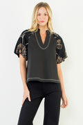 Puff Sleeve With Embroidery Detail Top