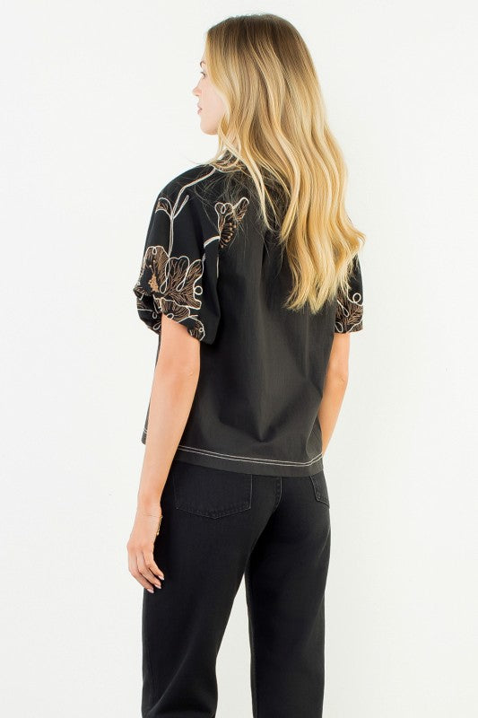 Puff Sleeve With Embroidery Detail Top
