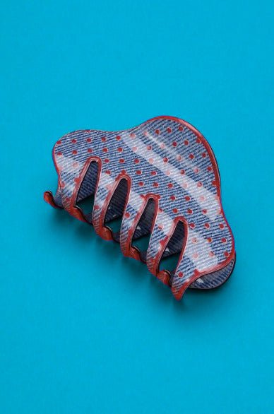 Polka Dot Hair Claw Clip - Denim Blue & Red