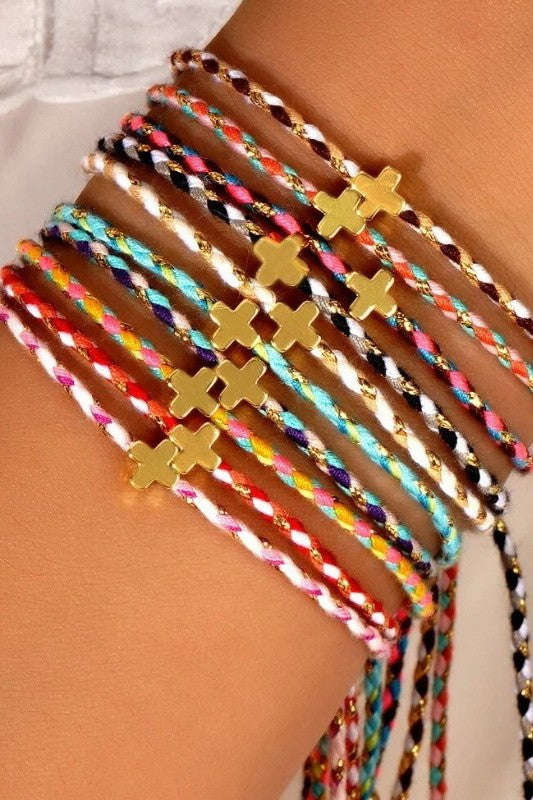 18k Stainless Steel Corded Cross Charm Bracelet - Maroon Multi