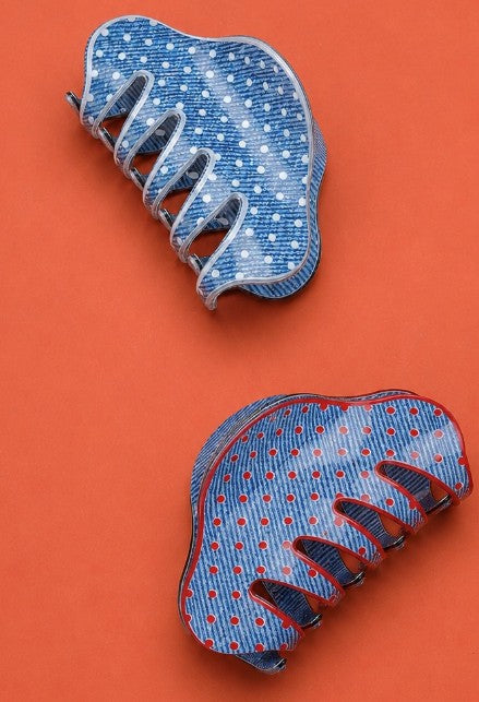 Polka Dot Hair Claw Clip - Denim Blue & Red