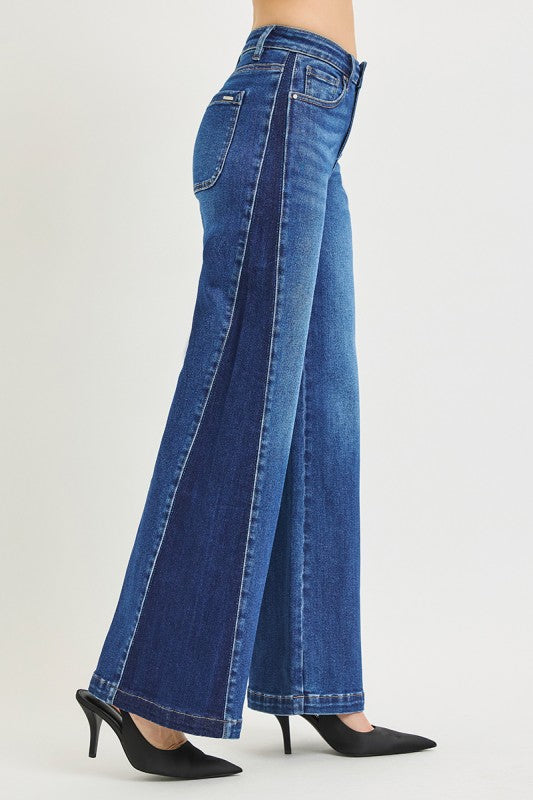 RISEN High Rise Wide Leg Contrast Side Panel Jeans