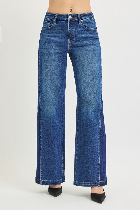 RISEN High Rise Wide Leg Contrast Side Panel Jeans