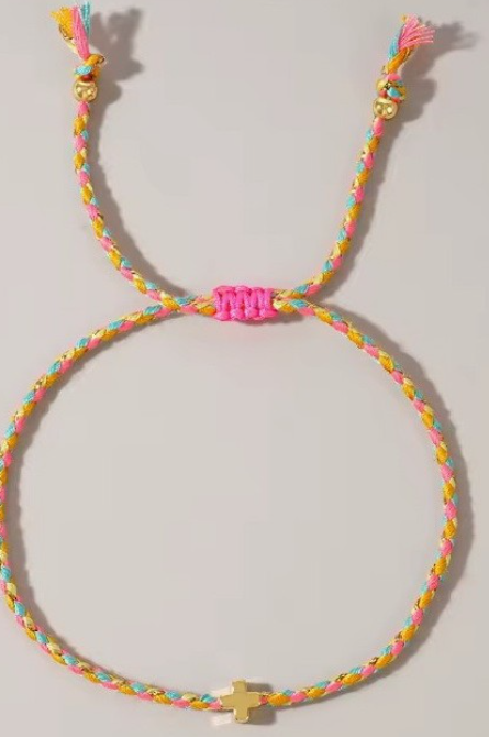 18k Stainless Steel Corded Cross Charm Bracelet - Pink Multi