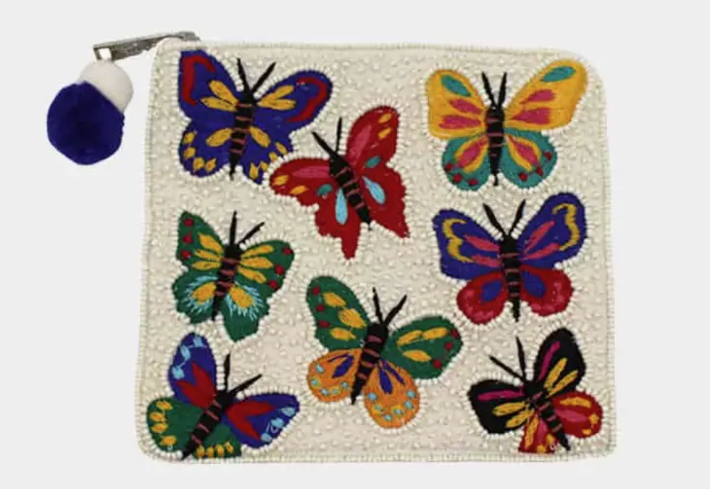 Multi Embroidered Butterflies Beaded Coin Pouch