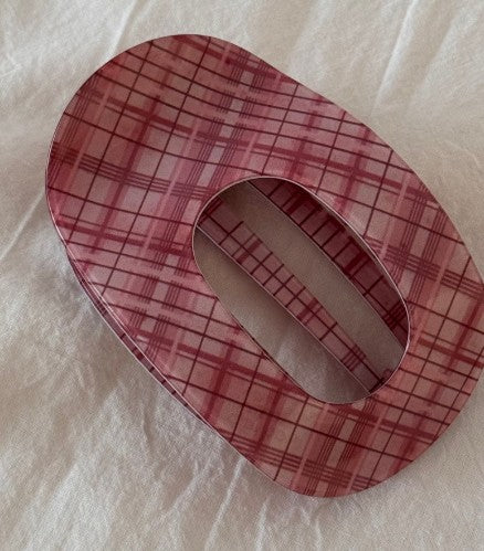 Plaid Oval Hair Clip - Pink/Burgundy