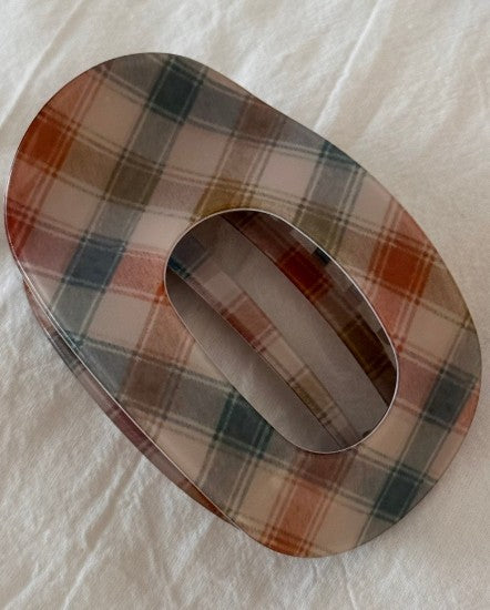 Plaid Oval Hair Clip - Cream/Rust/Blue
