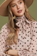 Umgee Polka Dot Split Neck Blouse with Ruffle Cuffs