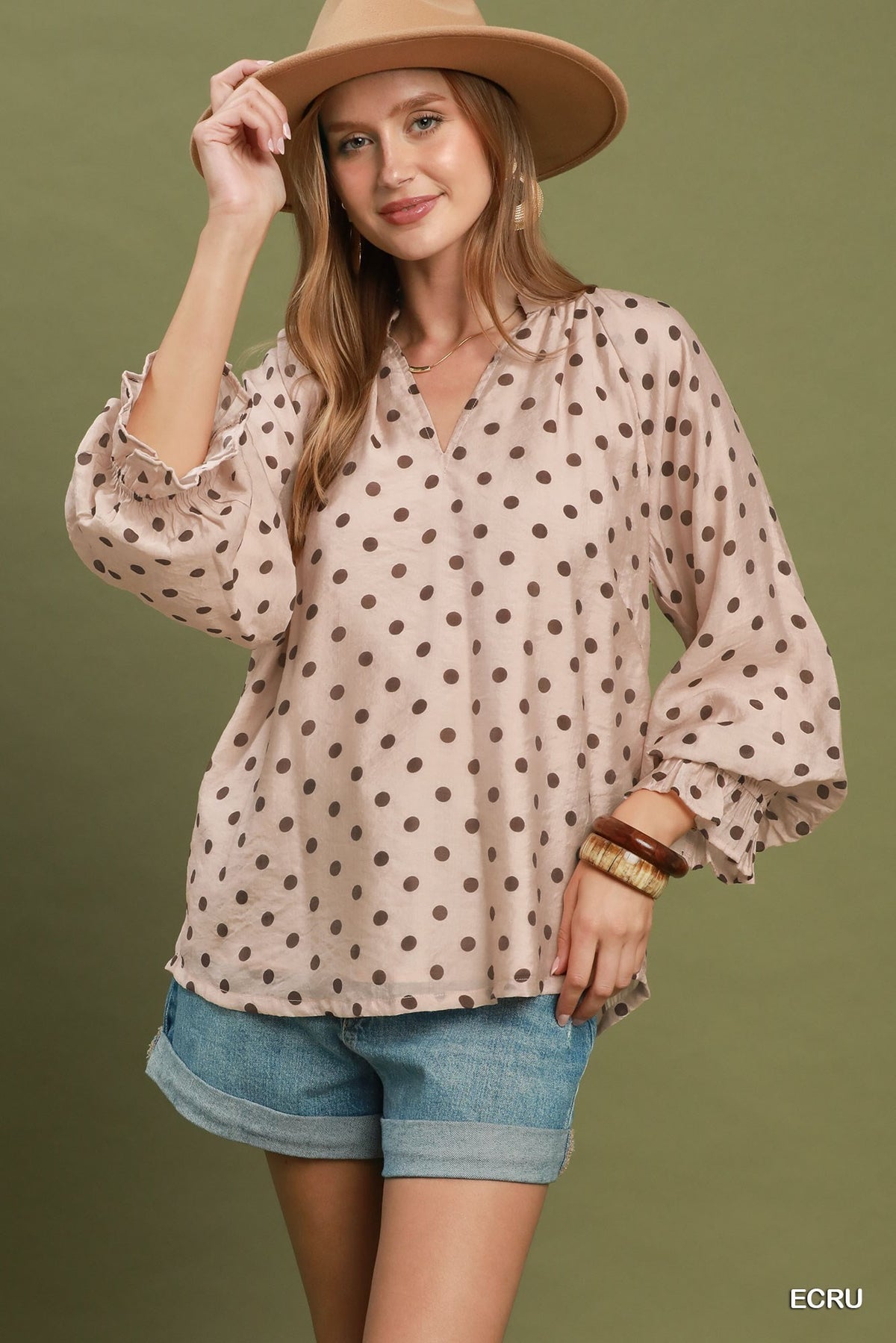 Umgee Polka Dot Split Neck Blouse with Ruffle Cuffs