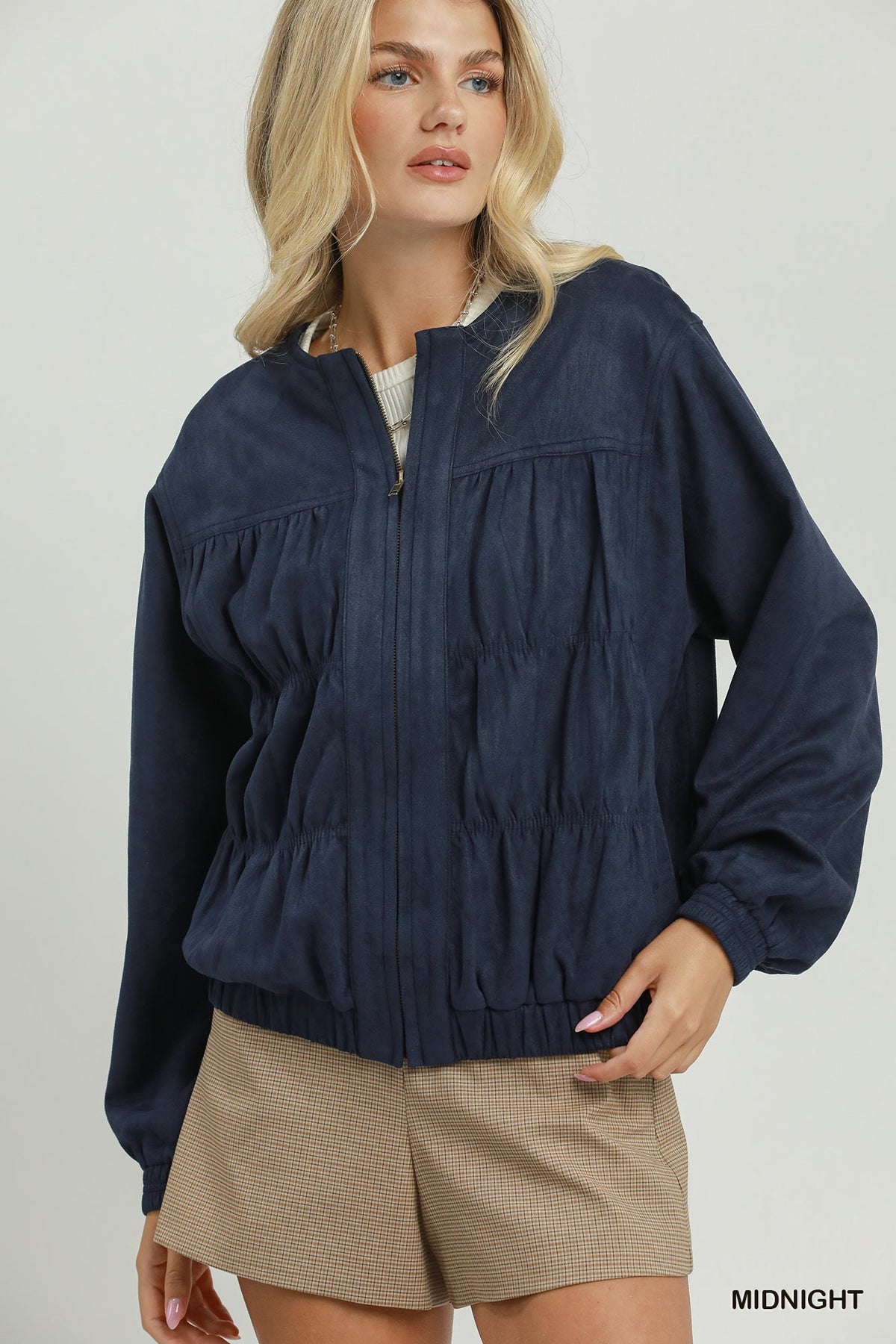 Umgee Suede-Look Ruched Zip-Up Jacket