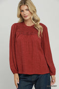 Umgee Embroidered Yoke Long Sleeve Top