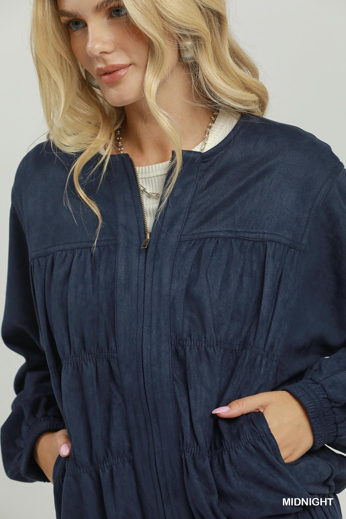 Umgee Suede-Look Ruched Zip-Up Jacket