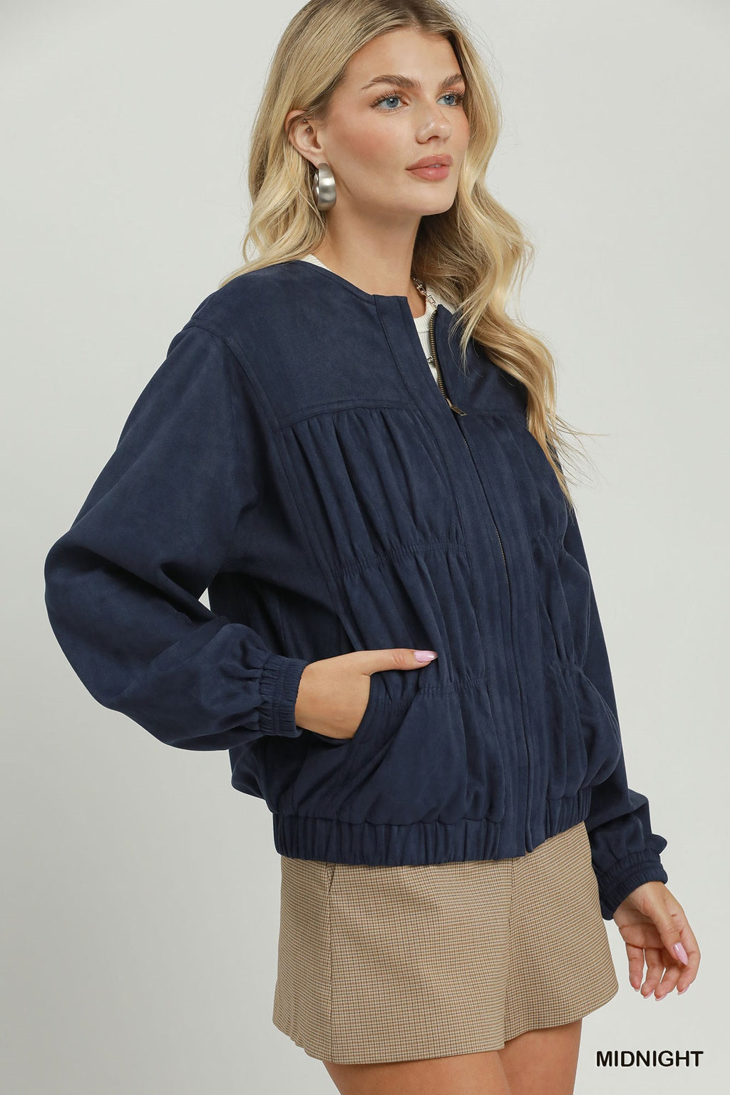 Umgee Suede-Look Ruched Zip-Up Jacket