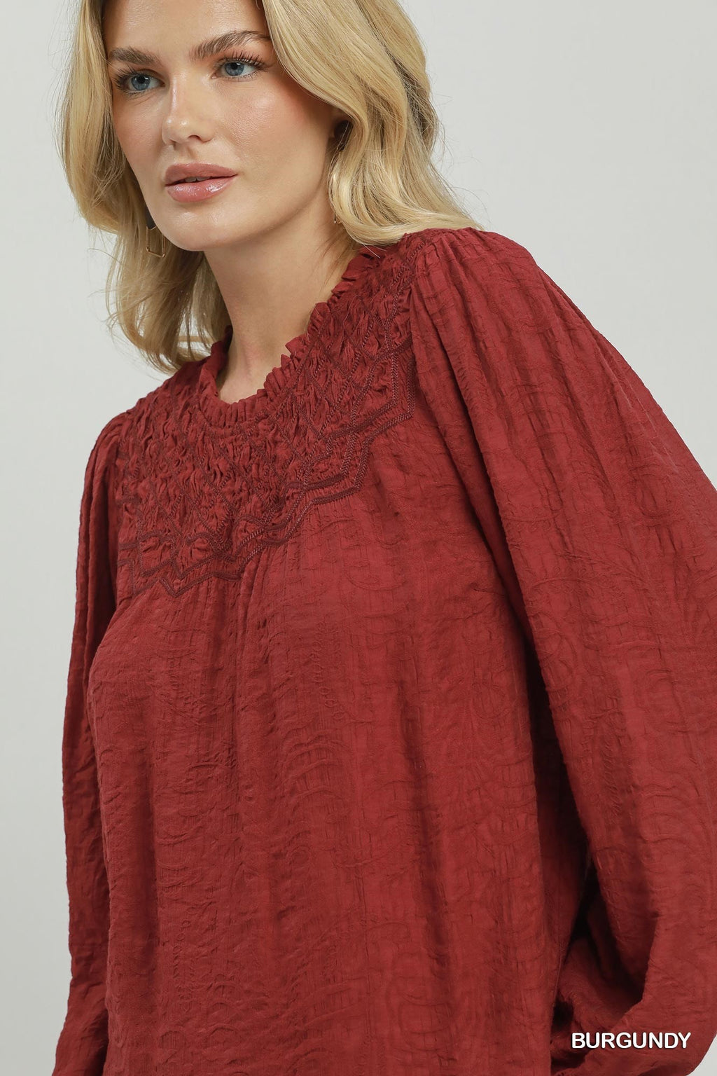 Umgee Embroidered Yoke Long Sleeve Top