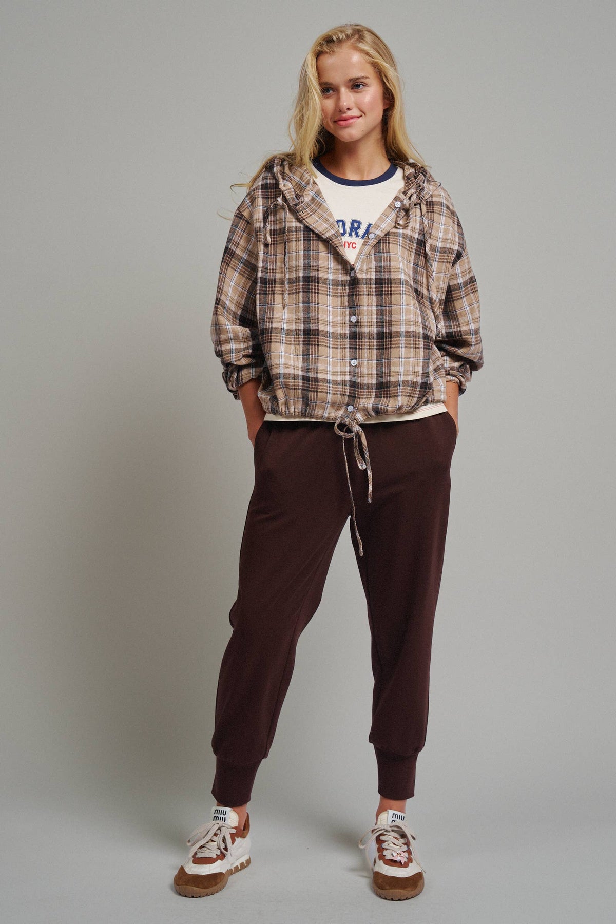 Plaid Flannel Hooded Shacket with Drawstring Hem